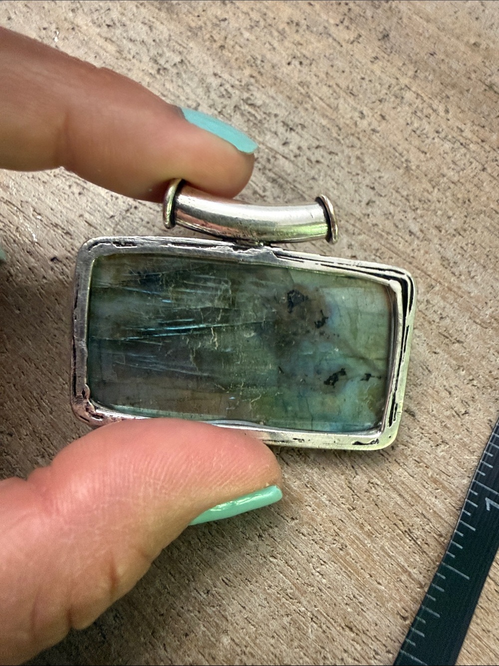 Rectangular Labradorite Pendant in Blue-Green Iridescence - Picture 3 of 4